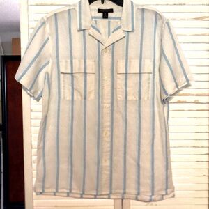 Banana Republic Men's White and Blue Striped Shirt-Medium. Linen and cotton. EUC